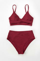 Twist Front Bra & Spliced High Waist Bikini Set